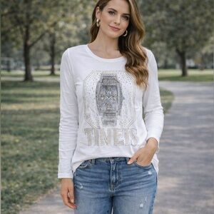 POL White Long Sleeve Graphic Tee With Bling Studs Size Medium NWOT